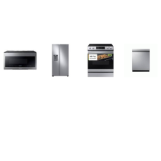 Samsung 4 STAINLESS : Slide-in Electric Range Air Fry Convection Oven, 2.1cf OTR MW 400CFM, StormWash Dishwasher 46 dBA, 27CF Side-by-Side Refrigerator External Water & Ice Dispenser 