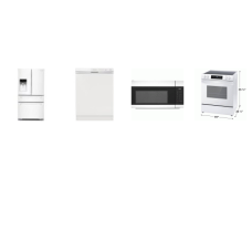 4 WHITE APPLIANCE PKG: Frigidaire Slide In Electric Range Oven, 1.7CF OTR MW 300 CFM,  55dBA Dishwasher, And SAMSUNG 31cf French 4Door Refrigerator External Ice/Water Dispenser