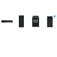 4 BLACK APT SIZE APPLIANCE PKG : Element 24" 10.1 cu. ft. Top Freezer Refrigerator, 18" Dishwasher 52dba, 24" Gas Range Glass Window Oven, And Broan 24" Hood