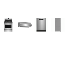4 STAINLESS : Beko 30" Bottom COUNTER DEPTH Freezer Refrigerator ICE MAKER, 45dBA Dishwasher, AND Frigidaire GAS RANGE CONVECTION OVEN, 30" Under Cabinet Range Hood 400 CFM 10.5"H