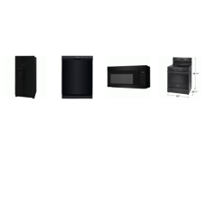 FRIGIDAIRE 4 BLACK APPLIANCE PKG : ELECTRIC SMOOTH TOP RANGE OVEN, OTR MW, Dishwasher ENERGY STAR 55 dBA, 33"W Side by Side Refrigerator EXT WD
