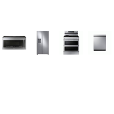 Samsung 4 STAINLESS : Electric Range Flex Duo Air Fry Griddle Convection, 2.1CF OTR MW PowerGrill 400CFM, StormWash AutoRelease 46dBA Dishwasher, Counter Depth SBS Refrigerator EXT WD