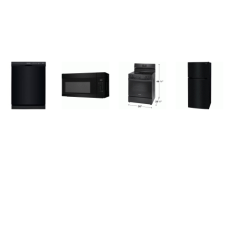 FRIGIDAIRE 4 BLACK APPLIANCE PKG : ELECTRIC SMOOTH TOP RANGE OVEN, OTR MW, Dishwasher ENERGY STAR 55 dBA, 30" Top Freezer Refrigerator