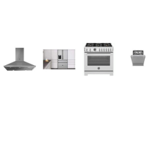 Bertazzoni 4 Stainless : 36" 6brs Gas Dual Convection Oven, 36" Chimney  Wall Hood 600CFM, Dishwasher 39DBA, 36" Counter Depth French 4-Door Refrigerator EXT WD