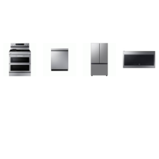 Samsung 4 STAINLESS : Electric Range Flex Duo Air Fry Griddle Convection, 2.1cf Bottom Controls OTR MW 400CFM, 46dBA Dishwasher StormWash, Counter Depth French Door Refrigerator AutoFill Water Pitcher ICE M