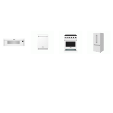 4 WHITE Appliance : Thor Kitchen Gas Range Convection Oven, Dishwasher 47dB, 30" French Door Counter Depth Refrigerator Ice Maker, And Whirlpool Low Profile Microwave Hood 400CFM